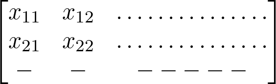 \[ \left[\begin{matrix}x_{11}&x_{12}&\ldots\ldots\ldots\ldots\ldots\\x_{21}&x_{22}&\ldots\ldots\ldots\ldots\ldots\\-&-&-----\\\end{matrix}\right] \]