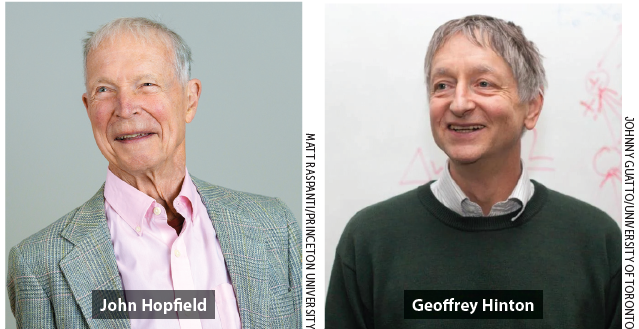 Portrait pictures of John Hopfiled and Geoffrey Hinton